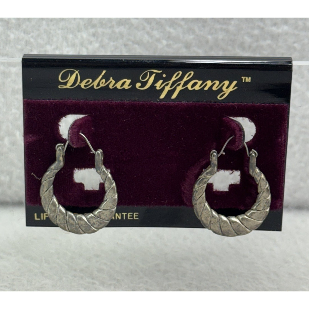 VTG 90s Twisted Hoop Earrings Silver Tone Antique Finish Debra Tiffany NOS